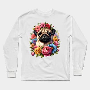 A pug decorated with beautiful colorful flowers. Long Sleeve T-Shirt